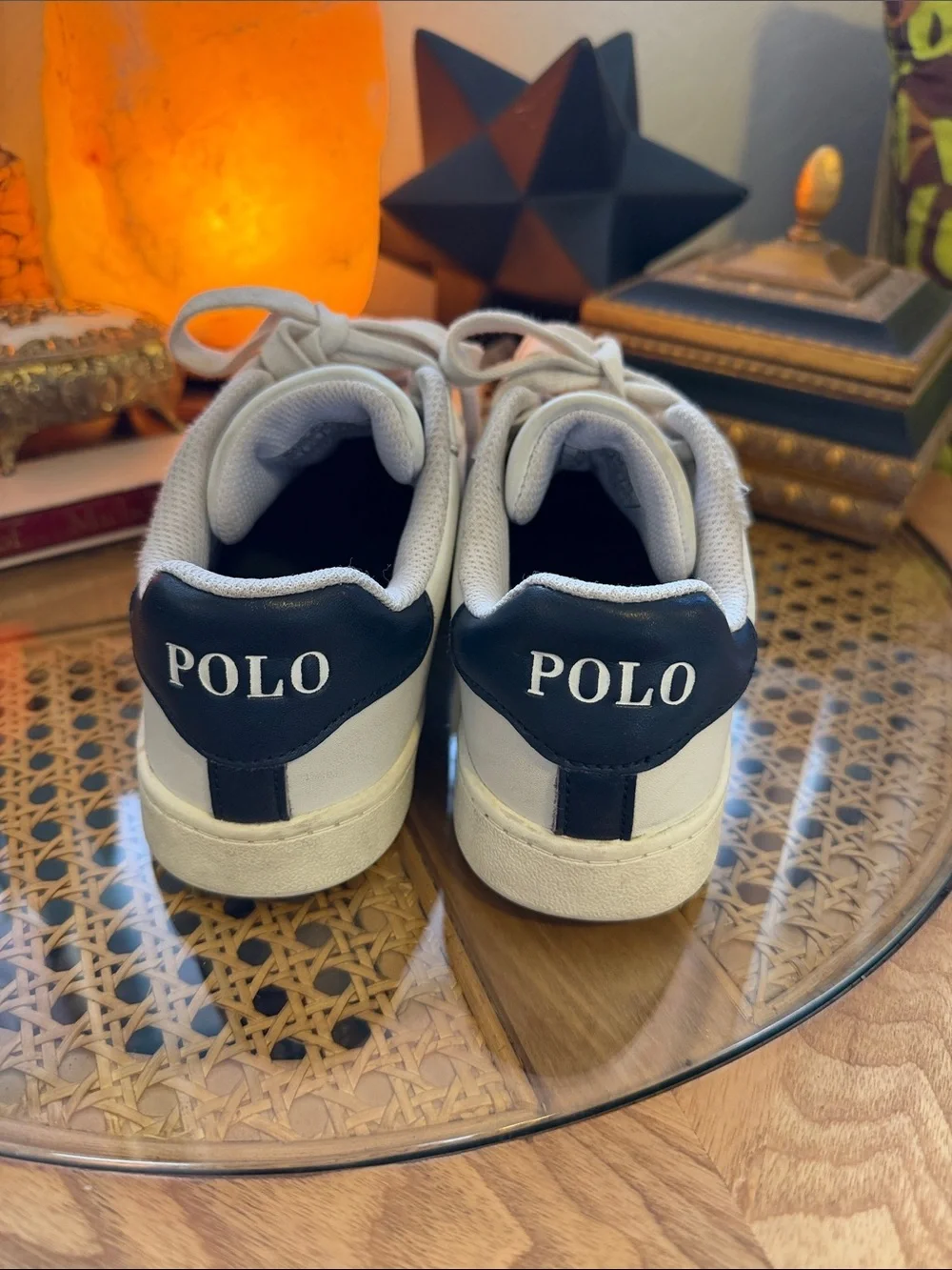 Polo by Ralph Lauren Kids White Sneakers with Navy Stripe and Bear